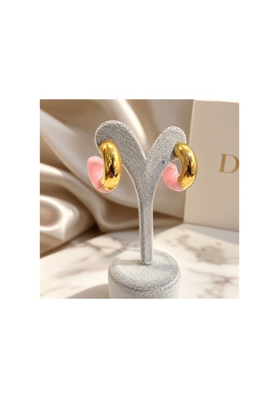 Gold Ve Pembe Mineli Yarım Halka Küpe - Modern Tasarım Pembe