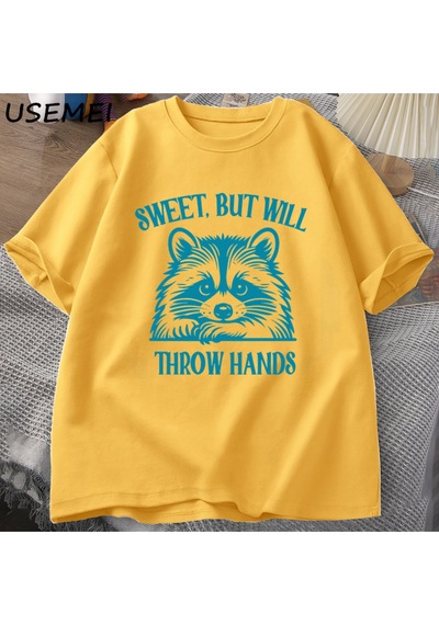 Flood Of Style Tatlı Ama El Atacak Baskılı T-shirt Erkek Kadın Komik Rakun Meme T Çöp Panda Tshirt Ya Sarı