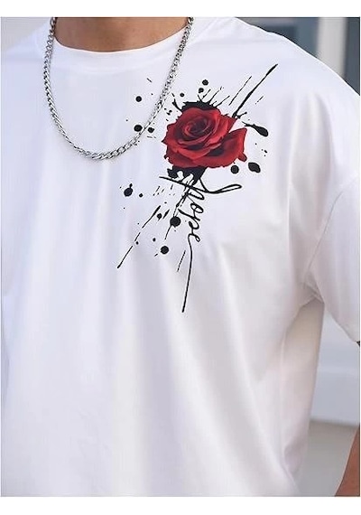 Erkek Bisiklet Yaka Kısa Kol Baskılı T-shirt - Beyaz Çok Renkli