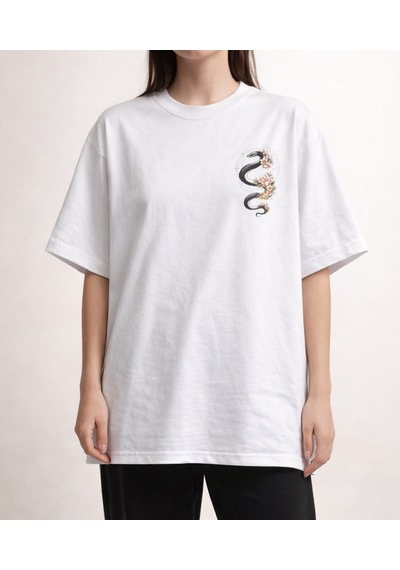 Yılan Ve Desen Sırt Baskılı %100 Pamuk Oversize T-shirt Beyaz