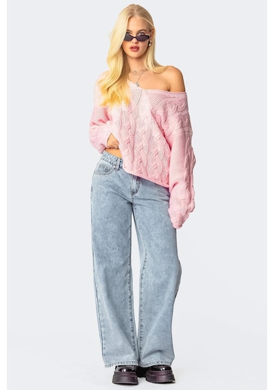 Madmext Pembe V Yaka Örgü Desen Oversize Kadın Kazak Mg2519 Pembe