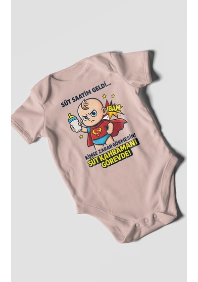 Süt Saatim Geldi Kimse Zarar Görmesin Baskılı Bebek Zıbını Çıtçıtlı Body %100 Pamuk Kısa Kol Pastel Pembe