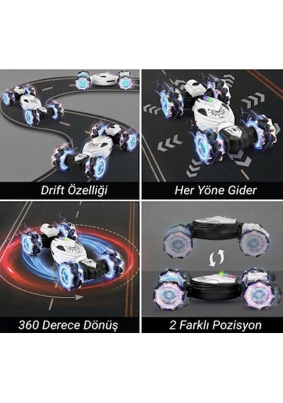 2 Kumandalı 10 Fonksiyonlu Duman Çıkaran Işıklı El Sensörlü Akrobatik Drift Atan Oyuncak Araba Beyaz