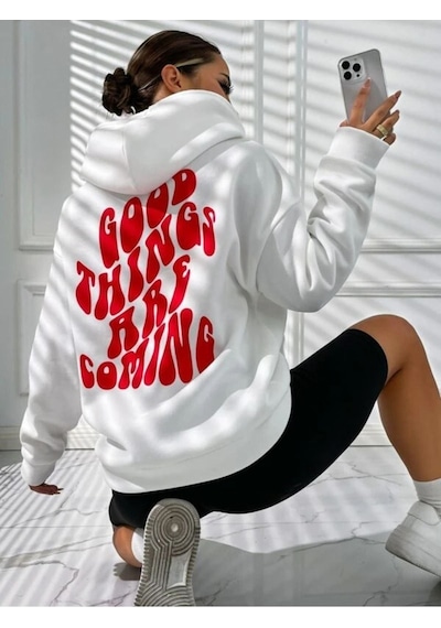 Altamira Unisex Good Things Sırt Baskılı Oversize Kapşonlu Sweatshirt 001