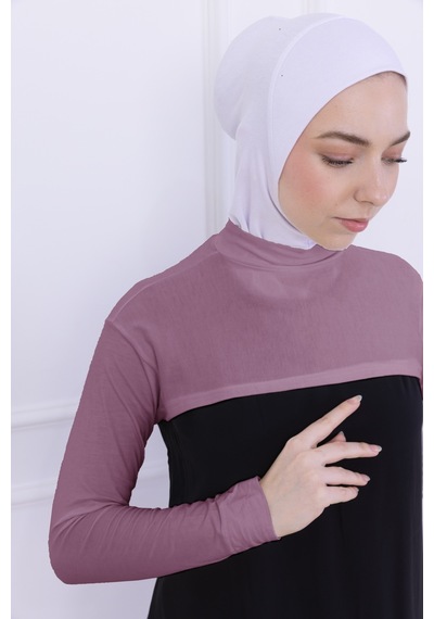 Loggia Balıkçı Yaka Boyunluklu Kolluk Gül Kurusu Pembe - Likralı Dik Yakalı Kadın Body Tesettür Crop Bolero Gül Kurusu