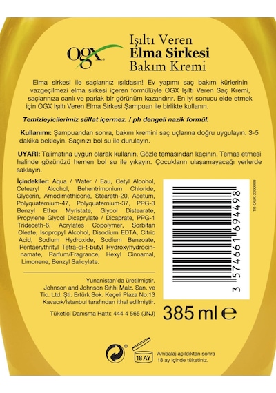 OGX Işıltı Veren Elma Sirkesi Sülfatsız Saç Kremi 385 ML