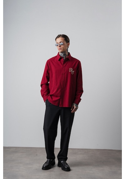 Respire Erkek Res Nakışlı Uzun Kollu Keten Oversize Gömlek Bordo