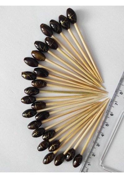 50 Adet Dekoratif Lüks Kahve Gold Varak Boncuklu Pasta Kürdanı 6,5 Cm - Boncuk 12 Mm