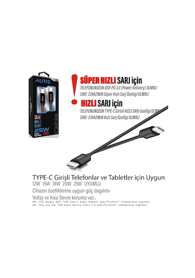 25w Hızlı Type-c Şarj Kablosu 2 Metre Uzun