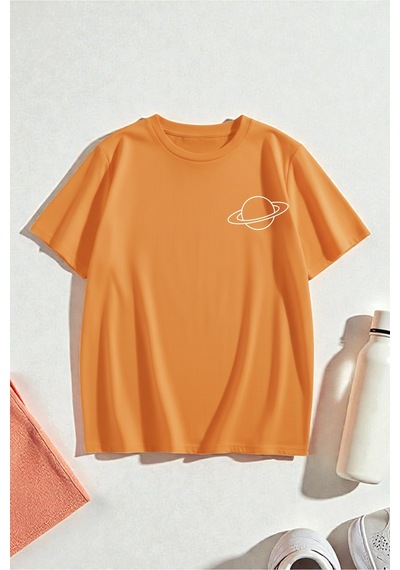 Uyguntarz Unisex Saturn Baskılı T-shirt Turuncu