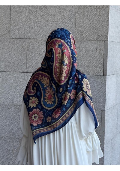 Qalortex Scarf Pamuklu Vintage Desen Eşarp-lacivert