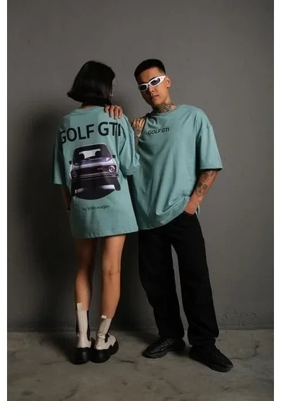 Erkek Oversize Baskılı Tişört Golf Gtı Retro Araba Desenli, Ön - Arka Dijital Baskı, Sokak Modası Stil - Mint Yeşili Mint