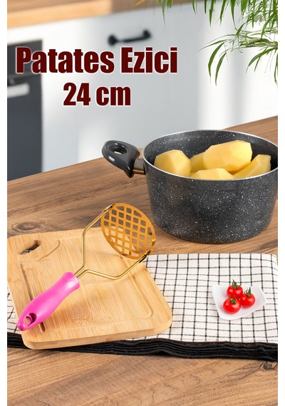 Patates Ezici Paslanmaz Metal Patates Ezici Püre Yapıcı Renkli Patates Ezeceği 24cm - Fuşya Çelik