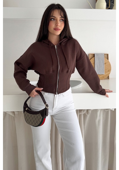 Kadın Siyah Fermuarlı Hoodie Minimal Sokak Ruhuyla Kahverengi