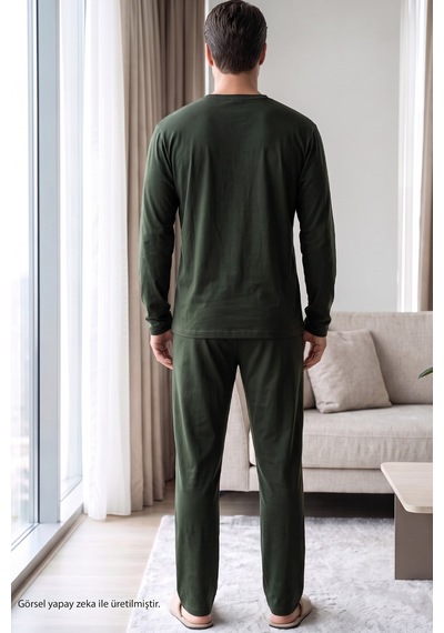 Siyah İnci Baskılı Pamuklu Likralı Örme Pijama Takım 26241803 Haki