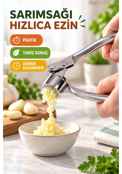 Paslanmaz Çelik Sarımsak Ezeceği Metal Hazneli Pratik Sarımsak Ezme Presi Gümüş