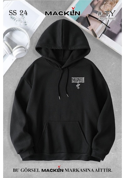 Macklin Unisex Kadın Erkek Marvel Spiderman Ön Arka Baskılı Özel Tasarım Baskılı Kapşonlu Sweatshirt Siyah Mck1338 Siyah
