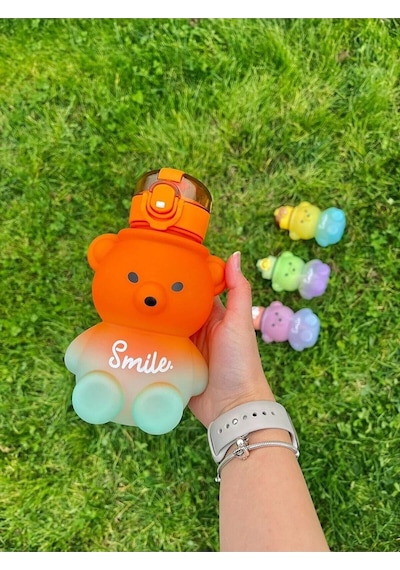 Smile Ayıcıklı Renkli 800 Ml Matara Su Şişesi Tritan Bpa Içermez Sticker Hediyeli Pembe Plastik Diğer