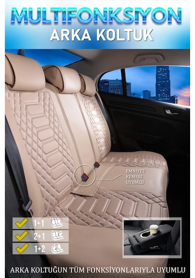 Mazda 2 Uyumlu Lüks Deri Oto Koltuk Kılıfı Ön Arka Takım Set Bej Royal Model Fs