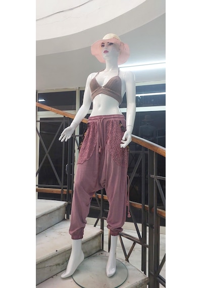 Bohem Stil Kadın Beli Bağlamalı Saçak Detaylı Bohem Şalvar-9241 Gül Kurusu Gülkurusu