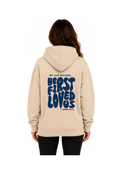 Herkesemoda First Love Arka Baskılı Kapüşonlu 2 İplik Şardonlu Sweatshirt Bej