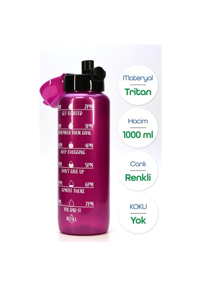 Su Matarası Tritan Geniş Ağız Su Şişesi Motivasyon Spor Matarası Suluğu Bpasız 1000 Ml Mor T0103