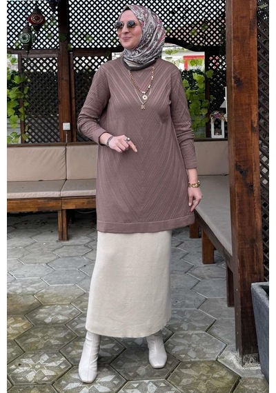 Rabia Şamlı Damla Triko Tunik Sütlü Kahve Normal