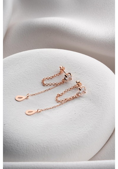 925 Ayar Gümüş Rose Kaplama 5 Mm Tektaş Sallantılı Zincir Su Damlası Model Küpe Rose