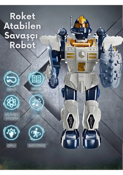 Büyük Boy Işıklı Sesli Ve Roket Atan Savaşçı Robot Oyuncak - 360 Derece Dönen Yürüyen Robot 34 Cm