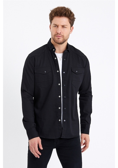 Tarz Cool Erkek Çift Cepli Çıt Çıt Düğmeli Slim Fit Kot Gömlek Siyah