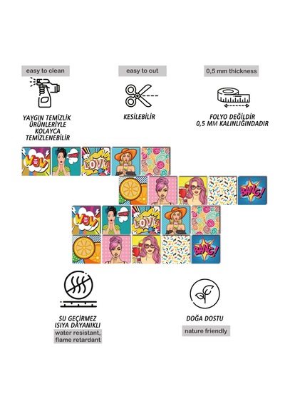 Kendinden Yapışkanlı Karma Pop Art Desenli Pvc Karo 20x20 Cm 5 Li Paket