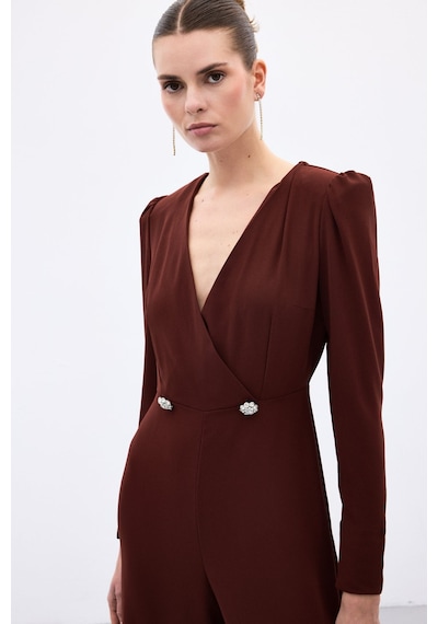 Sateen Kruvaze Süs Taşlı Krep Tulum - Bordo-136568 Bordo