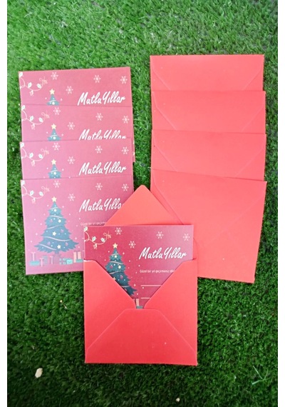 20 Adet Kırmızı Zarflı Çam Ağaçlı Yılbaşı Tebrik Kartı - 9x6cm Kuşe Hediye Kartı - Yılbaşı Süsü