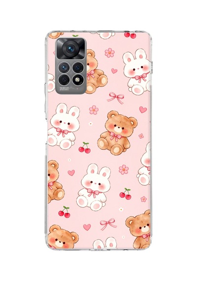 Redmi Note 11 Pro 4g Uyumlu Pembe Ayıcıklı Ve Tavşanlı Kawaii Kiraz Baskılı Silikon Kılıf