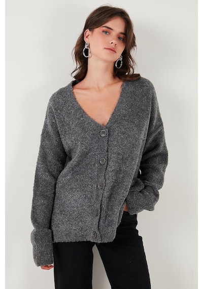 Lela Oversize Fit Düğmeli V Yaka Uzun Kollu Triko Bayan Hırka 4616232 Antrasit
