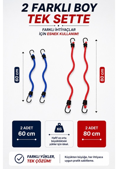 4 Adet Çift Kancalı Bagaj Lastiği Seti - 2 Farklı Boy 60cm Ve 80cm - Sabitleme Lastiği