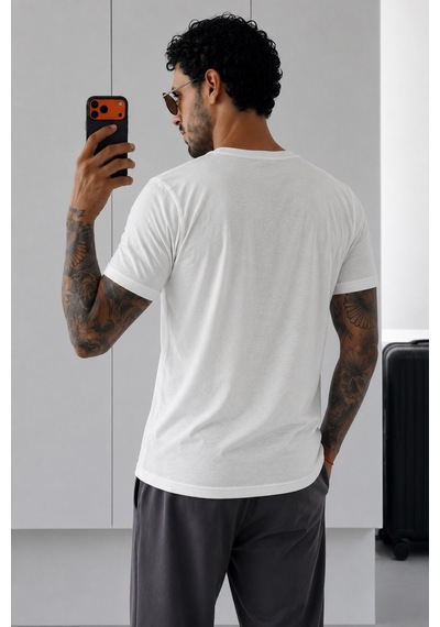 Tarz Cool Erkek Flamlı Pamuklu Bisiklet Yaka Basic Slim Fit Tişört Yazlık Günlük Şık Tişört Beyaz