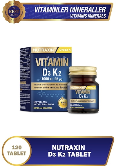Nutraxin D3K2 120 Tablet – 1000 IU D3 + 25 mcg K2 Vitamini İçeren Takviye