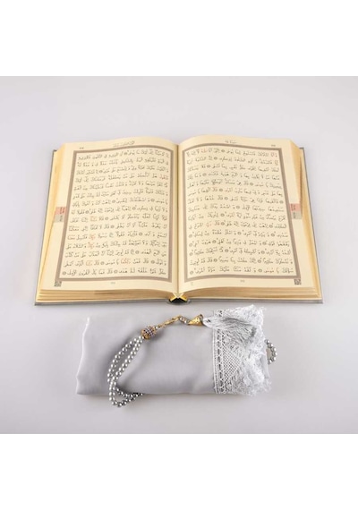 Şal + Tesbih + Kuran Hediye Seti (Hafız Boy, Gri)