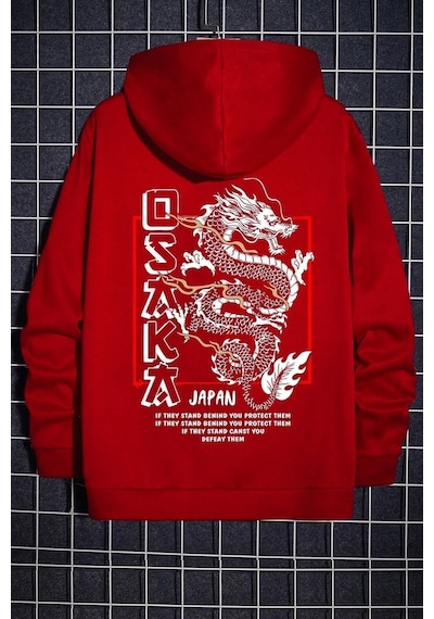 Uyguntarz Unisex Osaka Baskılı Kapüşonlu Sweatshirt Kırmızı