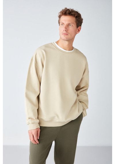 Grimelange Stephan Erkek Yumuşacık Kumaşlı Organik Pamuklu Oversize Fit Yuvarlak Yakalı Bej Sweatshirt