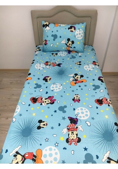 Lionas Tek Kişilik Ranforce Kumaş Lastiksiz Çarşaf Takımı Mickey Mouse Turkuaz Turkuaz