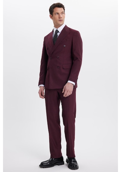 Tudors Erkek Slim Fit Sivri Yaka Çizgili Kapaklı Cepli Bordo Takım Elbise-41959 Bordo