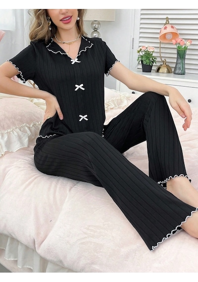 Bella Notte Pamuklu Siyah Fitilli Mevsimlik Kadın Pijama Takımı