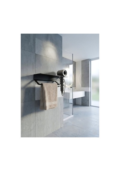 Premium Seri , Modern Paslanmaz Metal Banyo Havluluğu Ve Saç Kurutma Makine Askısı Banyo Organizeri Siyah