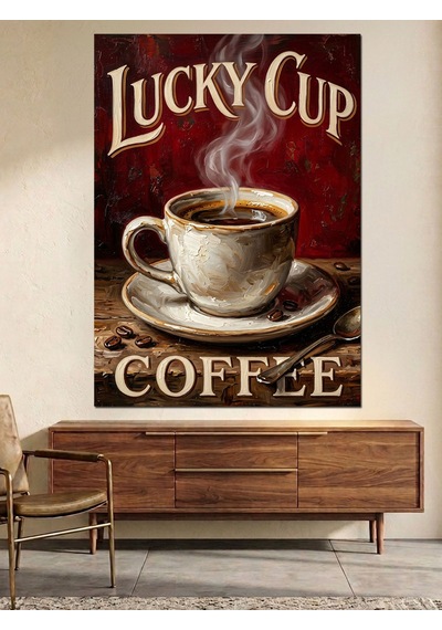 Lucky Cup Buharlı Kahve Afişi Dekoratif Kanvas - Mdf Ahşap Tablo