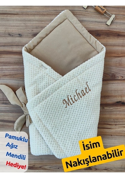 Isme Özel Nakışlı Bebek Battaniyesi Hastane Çıkışı Bebek Kundağı Yenidoğan Hediyelik Mevlütlük Knd45454 Ekru
