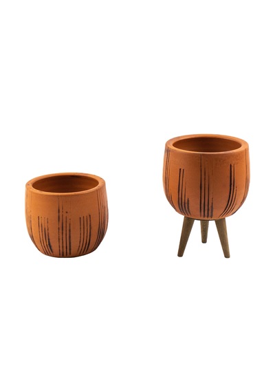 Bitki Tasarımı Ev Dekorasyon Siyah Çizgi Desenli Terakota Toprak Saksı Saksılık Salon Çiçeklik İkili Set Ayaksız, 3 Ayaklı 12 Cm