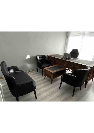 Ahşap Ayaklı Kollu Siyah Deri Ofis Koltuğu Büro Koltuğu Deri Ofis Bekleme Koltuğu 2 İkili 2 Tekli Siyah