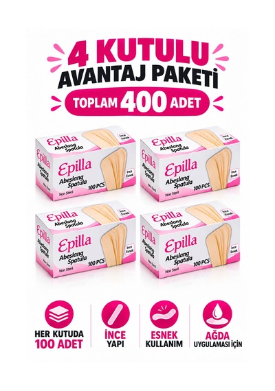 Epilla 100'lü 4 Paket Abeslang Tahta Dil Çubuğu Basacağı - Ağda Spatulası, Avantaj